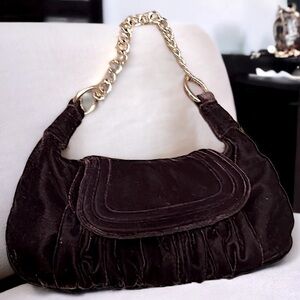 Ann Taylor LOFT dark chocolate Brown velvet east west bag gold chain handle